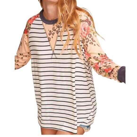 Striped Animal Floral Print Long Sleeve Shirt Women Small New Gray Peach - Picture 14 of 16